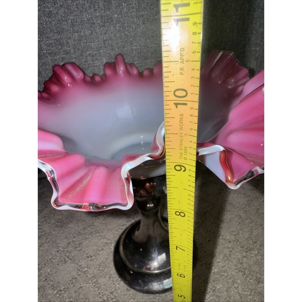 Antique Ruffled Brides Basket Silver Lovely pink/cranberry color W/‎ Stand